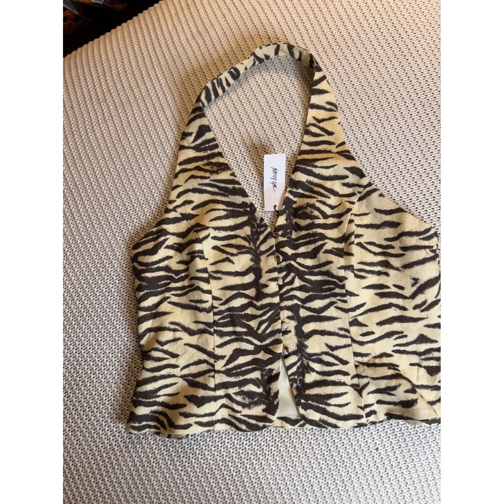 Nasty Gal Zebra Print Linen Tailored Top Butter Halter Waistcoat Size 10 NEW